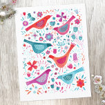 Modern Bird Floral Watercolor<br><div class="desc">Modern and contemporary watercolor birds and flowers pattern in vibrant teal green,  magenta pink and red on a white background.  Original art by Nic Squirrell.</div>