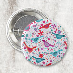Modern Bird Floral Watercolor 3 Cm Round Badge<br><div class="desc">Modern and contemporary watercolor birds and flowers pattern in vibrant teal green,  magenta pink and red on a white background.  Original art by Nic Squirrell.</div>