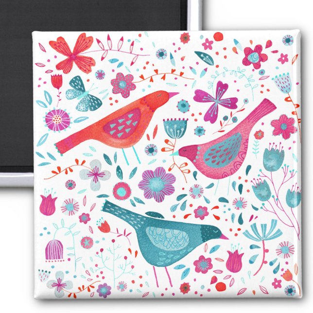 Modern Bird Floral Watercolor Magnet (Watergolor bird and flower painting art magnet)