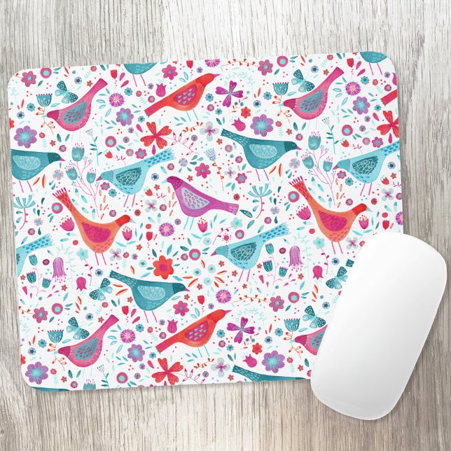 Modern Bird Floral Watercolor Mouse Pad (Watercolor bird and flower pattern art mousemat)