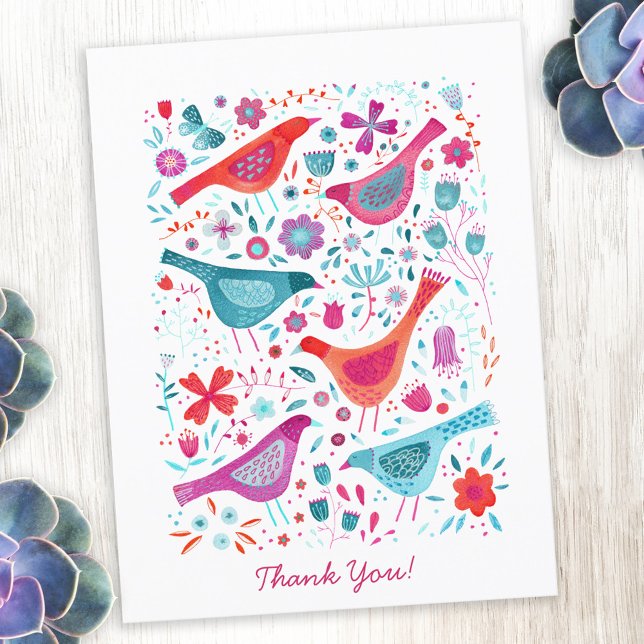 Modern Bird Floral Watercolor Thank You Postcard (Modern watercolor bird thank you postcard)
