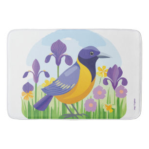 Modern Bird with Iris Flower Floral Pattern Bath Mat