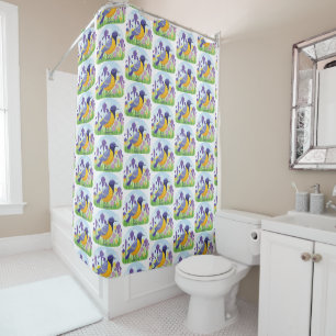 Modern Bird with Iris Flower Floral Pattern Shower Curtain