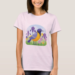 Modern Bird with Iris Flowers Cool T-Shirt