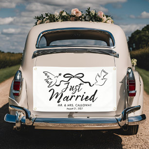 Modern Birds and Bow Just Married Car Banner