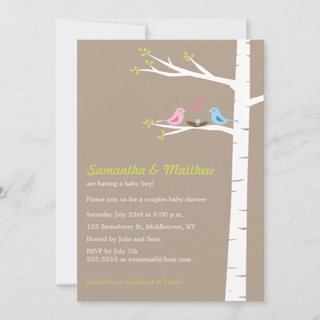 Modern Birds Couples Baby Shower Invitation Boy (Front)