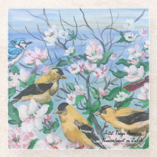 Modern Birds Yellow and Black Spring Time Glass Coaster
