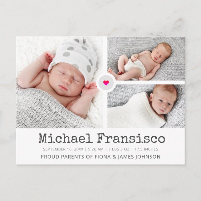 Modern Birth Announcement Photo Grid Collage Postcard (Front)
