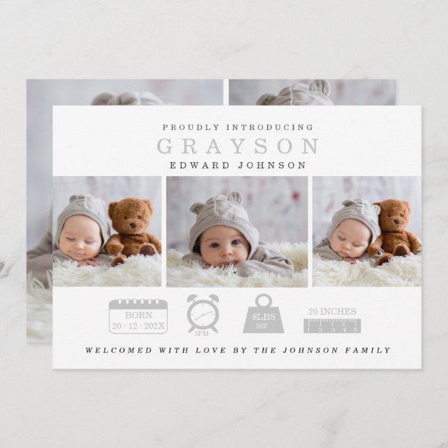 Modern Birth Announcement With Stats Icons Card (Front/Back)