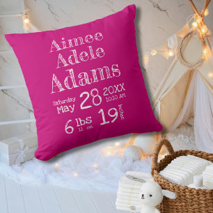 Modern Birth Stats Baby Pillow   Magenta Stripes