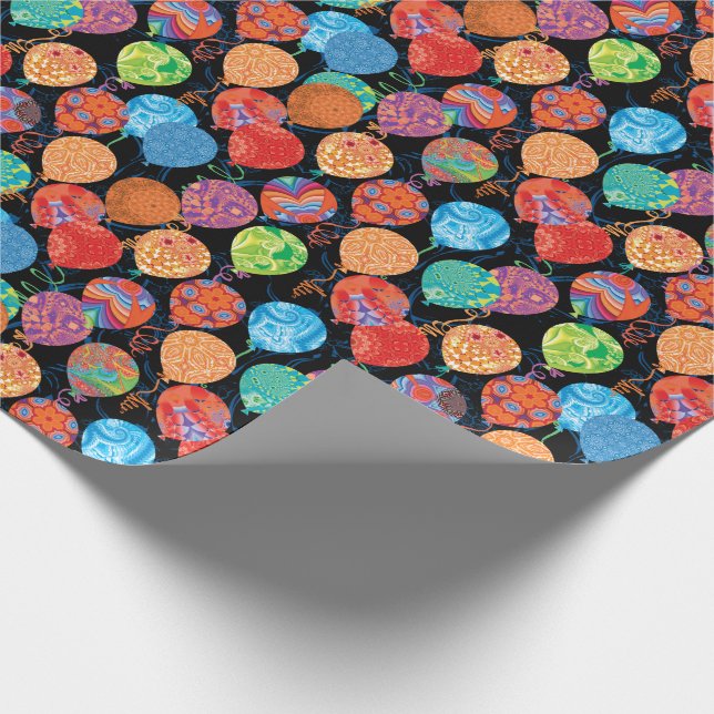 Modern Birthday Balloons on Black Wrapping Paper (Corner)