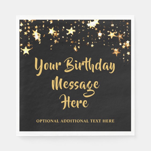 Modern Birthday Black Gold Stars Personalised Napkin (Front)