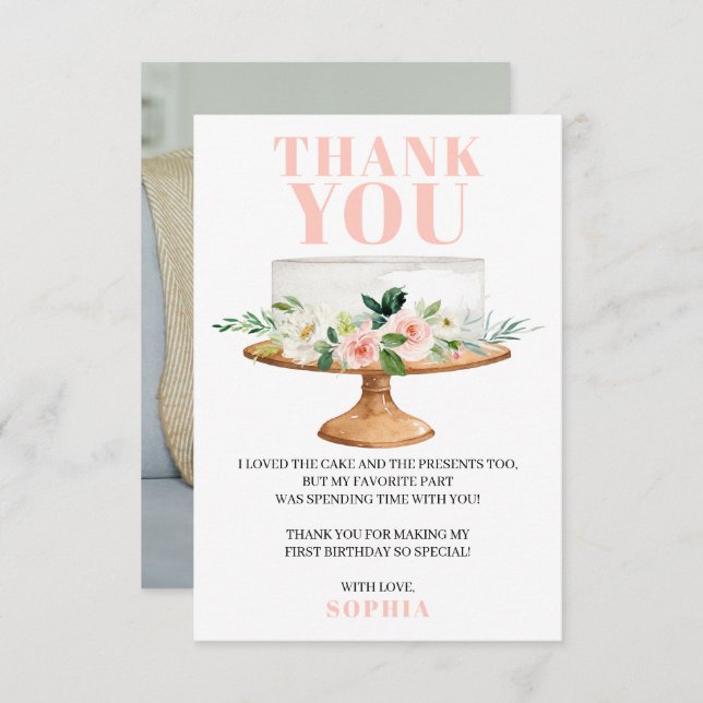 Modern Birthday Cake First Birthday Thank You Card (Front/Back)