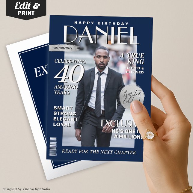 Modern Birthday Custom Magazine Cover, Portrait  (Modern Birthday Custom Magazine Cover, Portrait Foil Invitation Blue and Silver)