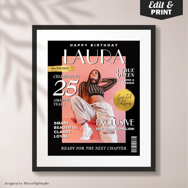Modern Birthday Custom Magazine Cover, Portrait  Poster (Personalized Modern Birthday Poster Custom Magazine Cover, Fashion Portrait Poster)