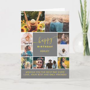 Modern birthday grey yellow 10 photo collage grid card