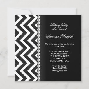 Modern Birthday Party Black White Chevron Stripe Invitation