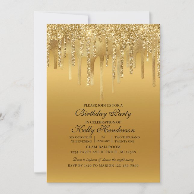Modern Birthday Party Dripping  Gold Personalised  Invitation (Front)