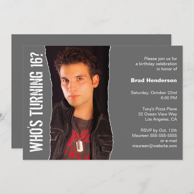 Modern Birthday Party Photo Invitation Dark Grey (Front/Back)