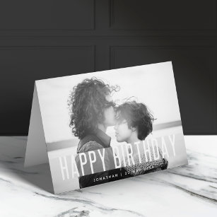 Modern Birthday Photo   Name Black & White Happy Card