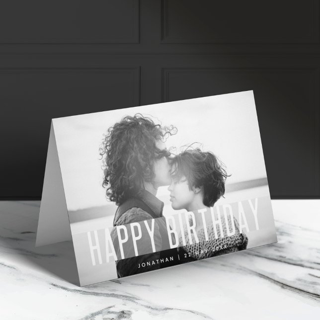 Modern Birthday Photo | Name Black & White Happy Card (Creator Uploaded)