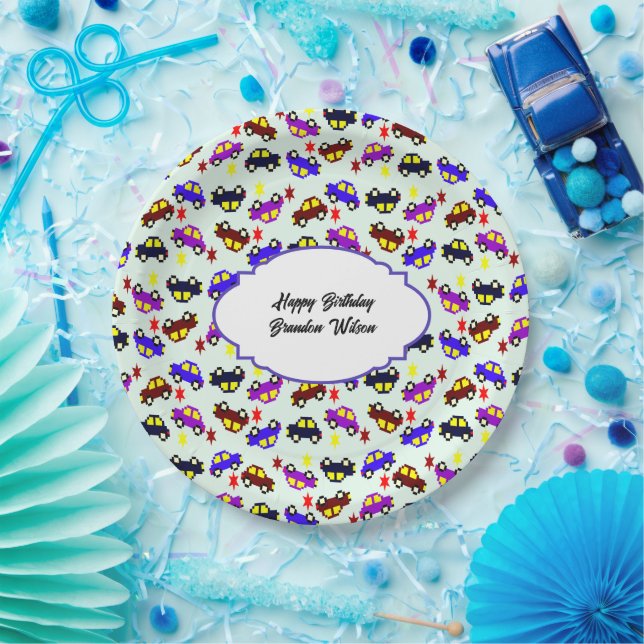 Modern Birthday Pixel Car Seamless Pattern Paper Plate (Party)