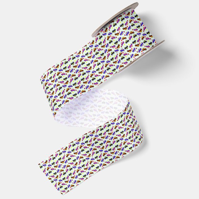 Modern Birthday Pixel Car Seamless Pattern Satin Ribbon (Front+Back)
