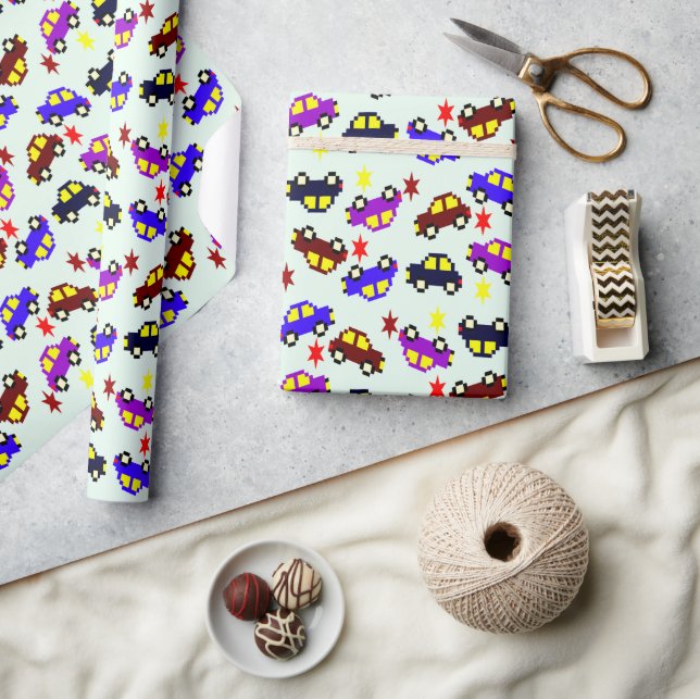 Modern Birthday Pixel Car Seamless Pattern Wrapping Paper (Crafts)