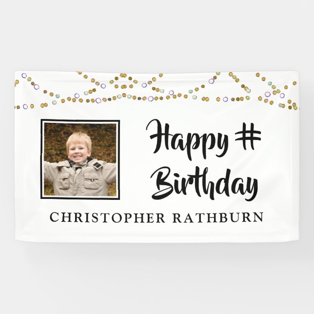 Modern Birthday String Lights Brush Script Photo Banner (Horizontal)