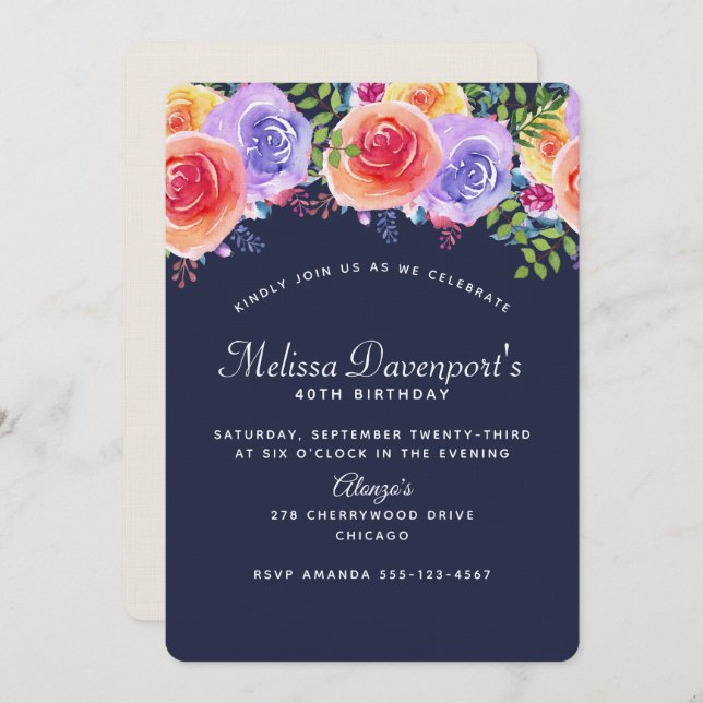Modern Birthday Watercolor Floral Bouquet on Navy Invitation (Front/Back)