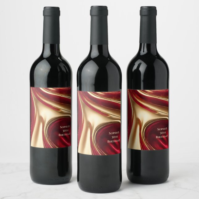 Modern Birthday Wine Label- Red and Gold- Label (Bottles)
