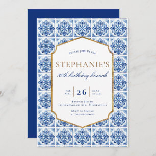 Modern Bistro Brunch Frame Blue Tile 30th Birthday Invitation