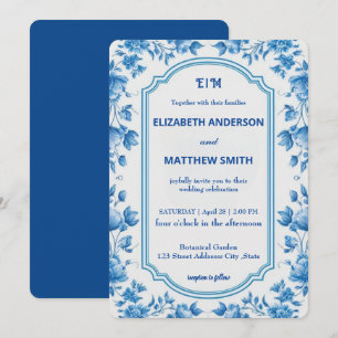 Modern Biue & White Overlay Flowers wedding Invitation