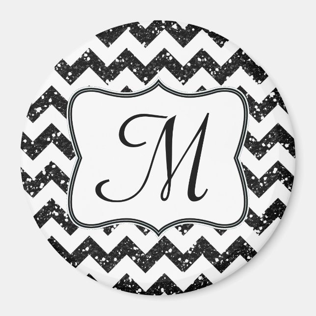 Modern Blac Glitte Chevron Monogram Initial Magnet (Front)
