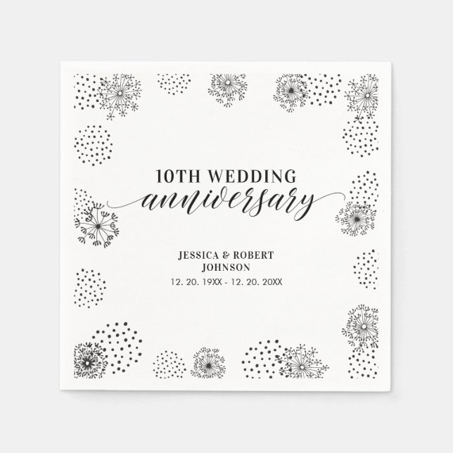 Modern Black 10th Wedding Anniversary Party Napkin (Front)