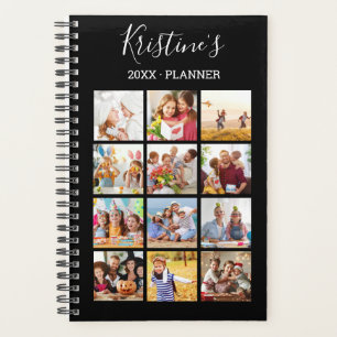 Modern Black 12 Photo Collage White Script 2021 Planner