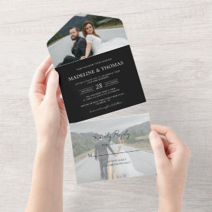 Modern Black 2 Photo RSVP Wedding All In One All In One Invitation