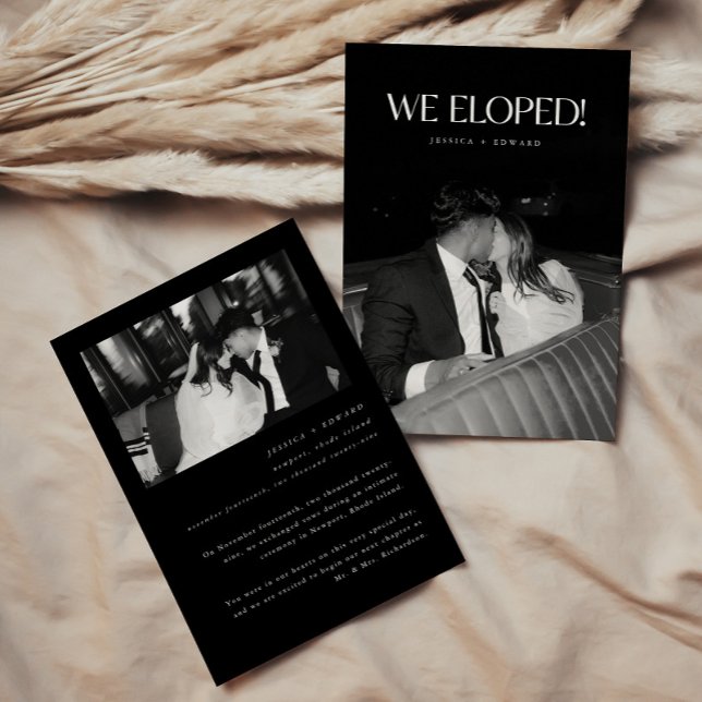 Modern Black 2-Photo Wedding Couple Elopement Announcement (Creator Uploaded)