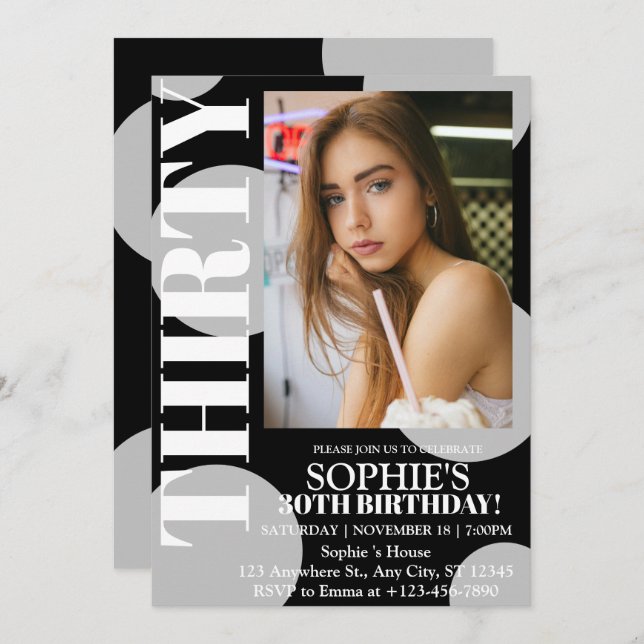 Modern Black 30th Birthday Party Photo  Invitation (Front/Back)