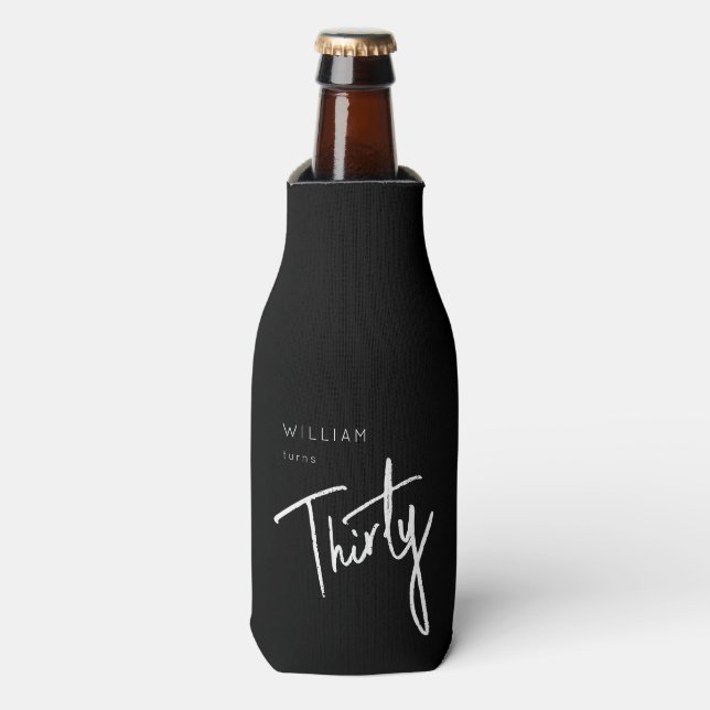 Modern Black 30th Thirty Thirtieth birthday party Bottle Cooler (Bottle Front)