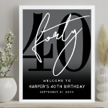 Modern Black 40th Birthday Party Welcome Sign<br><div class="desc">Modern Black and White 40th Birthday Welcome Sign. Celebrate forty years in style with this bold and contemporary sign featuring a large black “40” with a handwritten script-style white “Forty” at the top for a sleek, minimalist look. At the bottom, the sign reads “Welcome To [Name]’s 40th Birthday” along with...</div>
