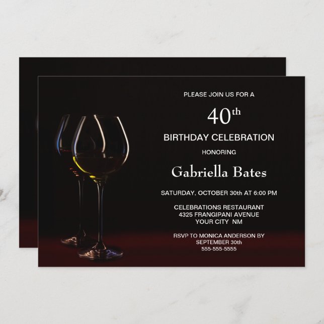 Modern Black 40th Birthday Wine Glass Party Invitation (Front/Back)