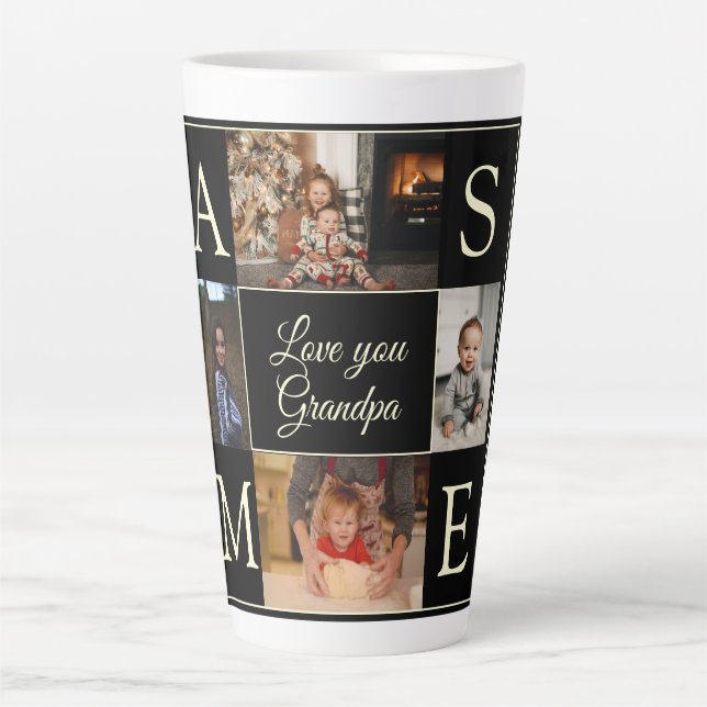 Modern Black 4 Photo Monogrammed Love You Grandpa Latte Mug (Front)
