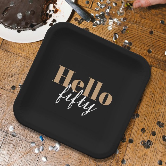 Modern Black 50th Birthday Hello Fifty Party Paper Plate (Creator Uploaded)
