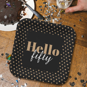 Modern Black 50th Birthday Hello Fifty Party Paper Plate