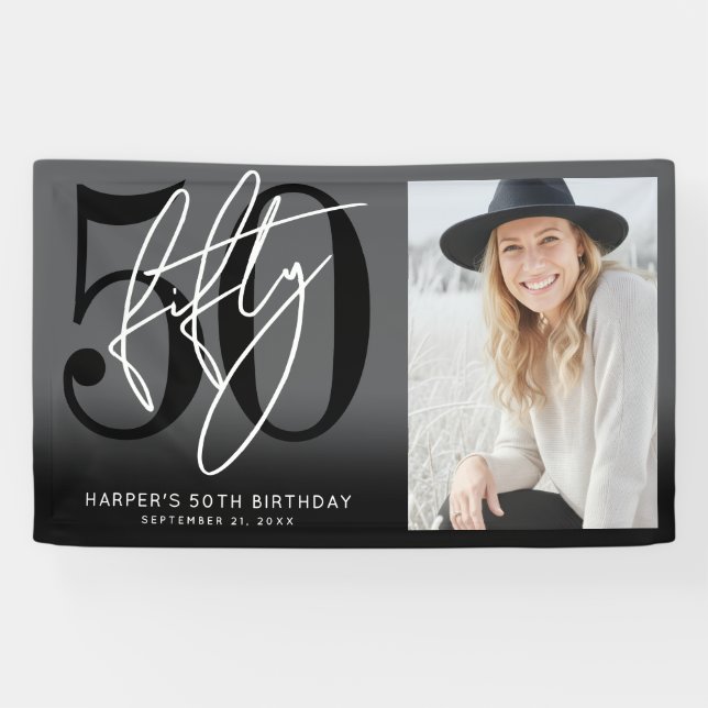 Modern Black 50th Birthday Party Banner (Horizontal)