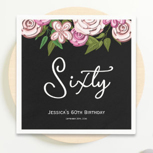 Modern Black 60th Birthday Floral Napkin