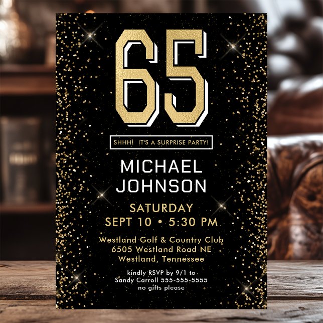 Modern Black 65th Birthday Surprise Party Invitation (Creator Uploaded)