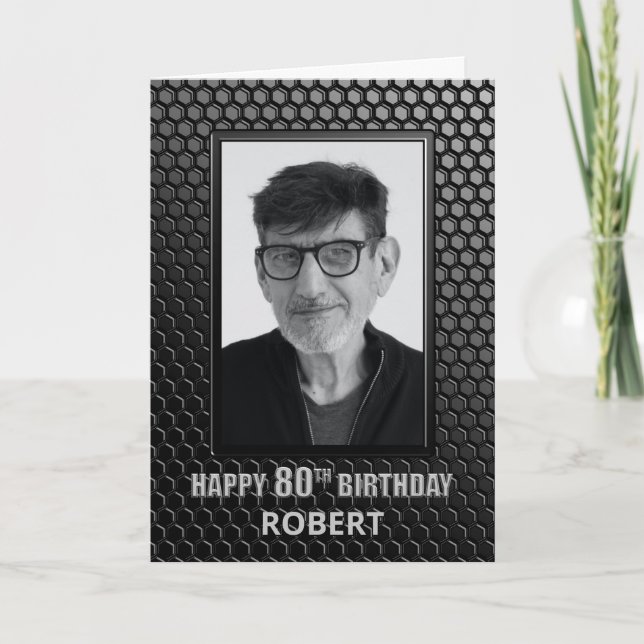Modern Black 80th Birthday Custom Photo Card (Front)