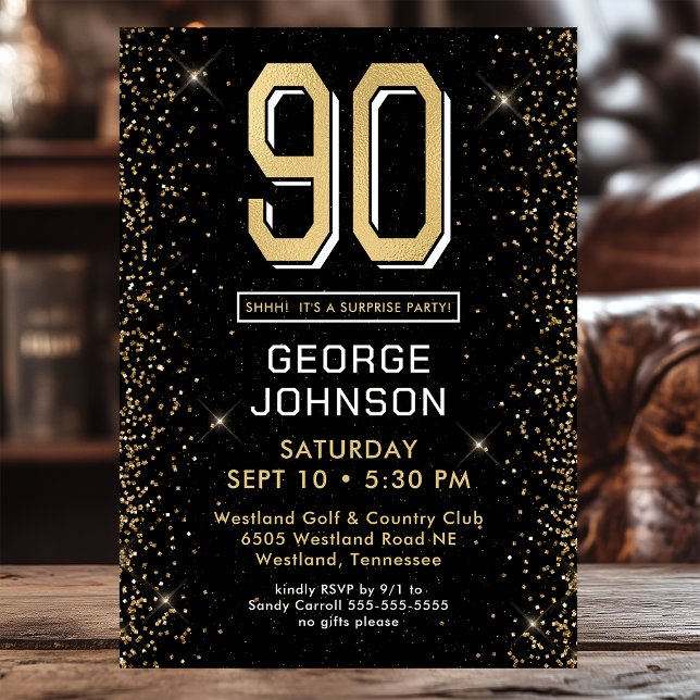 Modern Black 90th Birthday Photo Surprise Party Invitation (Creator Uploaded)